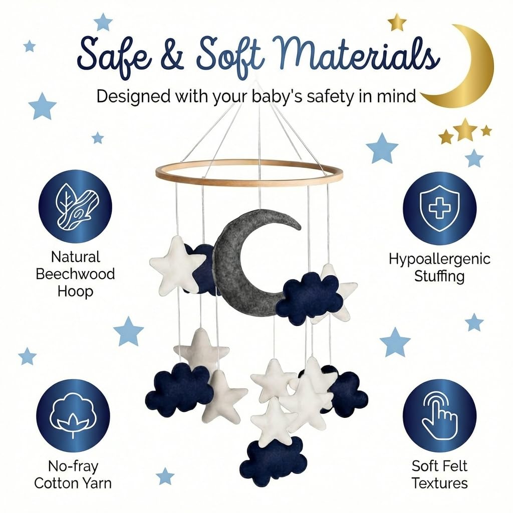 Baby Mobile - Blue Moon, Stars & Clouds Crib Mobile for Boys