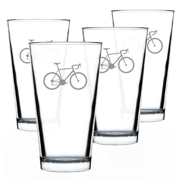 Bicycle Pint Glass for Road Biking Gifts - 16 oz - Set of 4