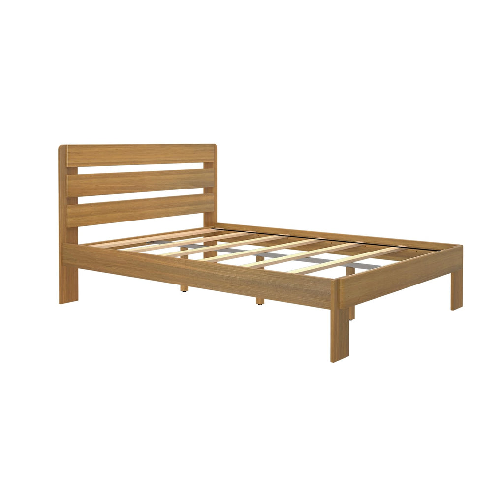 Modern Farmhouse Bed with Plank Headboard, Solid New Zealand Pine Wood Platform Bed, Pecan Finish