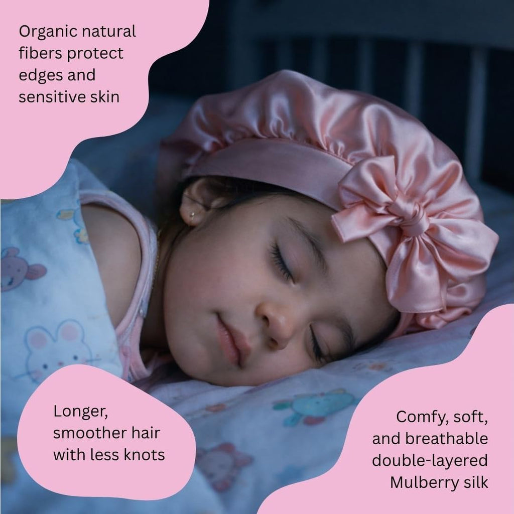 100% Real Silk Bonnet for Kids - Double Layer Reversible - Adjustable Tie - for Sleeping Toddlers, Children, Babies