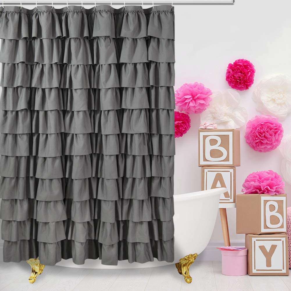 Gray Ruffle Shower Curtain, 72 x 84, Machine Washable Fabric