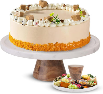 Marble & Acacia Wood Cake Stand - 11 Inch Round Cake Display for Weddings, Birthdays & Parties - Dessert Stand