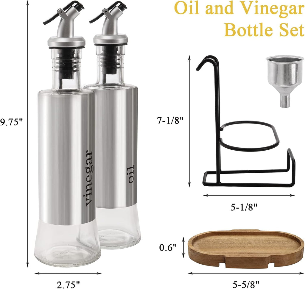 Olive Oil and Vinegar Bottle Set with Rack and Wooden Base, 10OZ Olive Dispenser Glass Cooking Oil Cruet - Set of 2