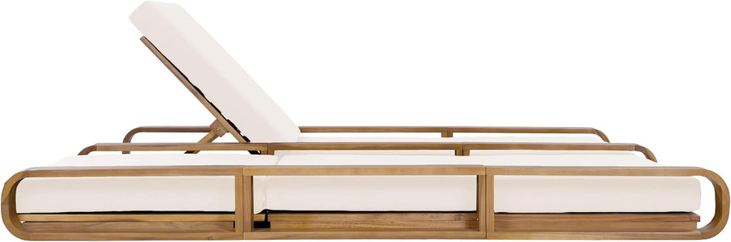 Pyke Double Chaise Lounge Outdoor with Cushion, Acacia Wood Patio Chaise Lounge Set of 2, Adjustable Backrest