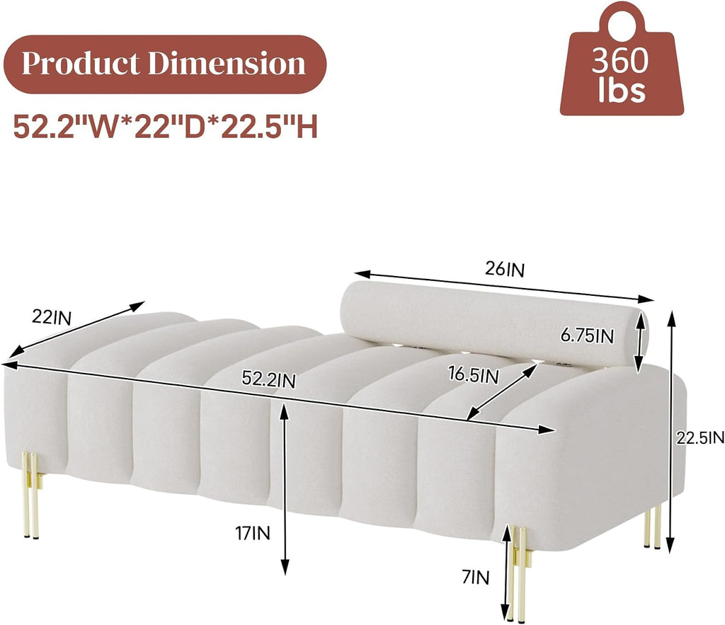 52.2" Velvet Upholstered Bench Ottoman with Adjustable Backrest,Beige White | Modern Channel Tufted End of Bed Bench