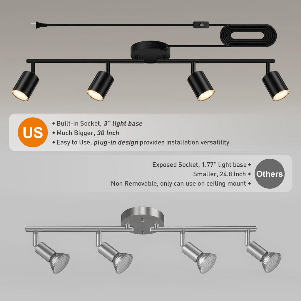 Plug in Track Lighting LED, Track Lighting Fixtures Ceiling, Black 4-Light Kitchen Light Kit, Plug in Wall Light