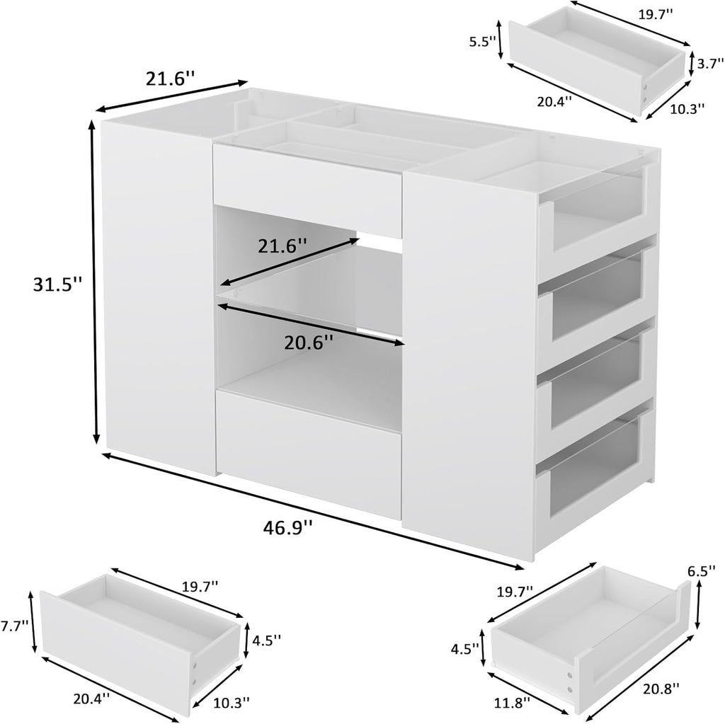 Closet Island with 12 Drawers, Glass Top & Display Shelves, White | Wardrobe Armoire Bedroom Island, White Dresser