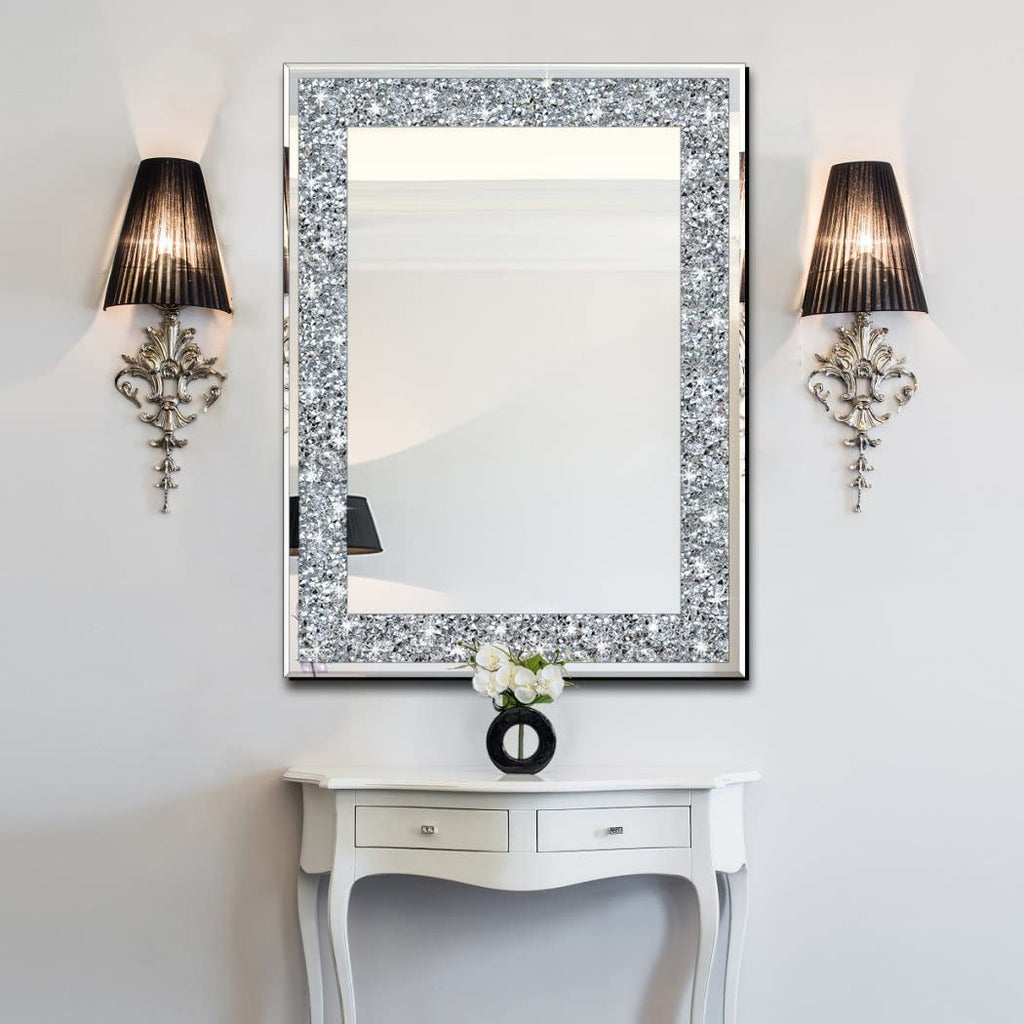 Crystal Crush Diamond Rectangle Silver Mirror for Wall Decoration 24x32inch Wall Hang Frameless Mirror Acrylic