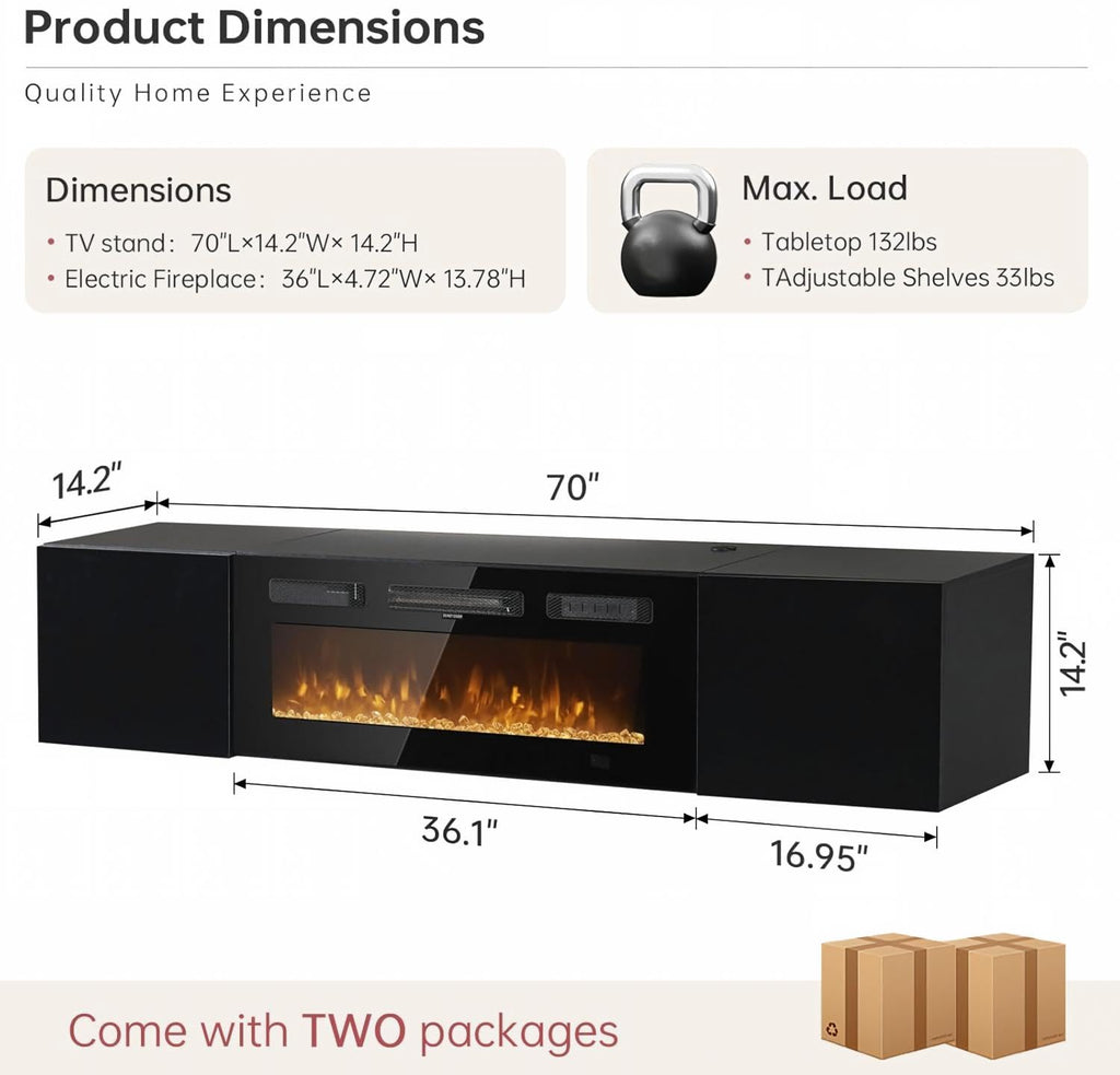 70'' Floating TV Stand, Modern Media Entertainment Center with 36" Electric Fireplace, TV Console Cabinet Wall