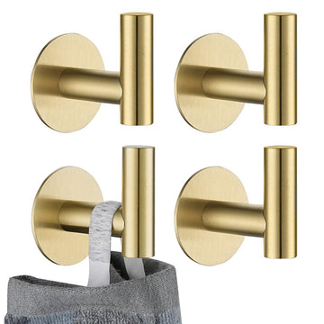 Self Adhesive Towel Hook Gold, No Drill Stick on Coat Robe Clothes Wall Hook Kitchen Garage 4 Pack, 304 Stainless