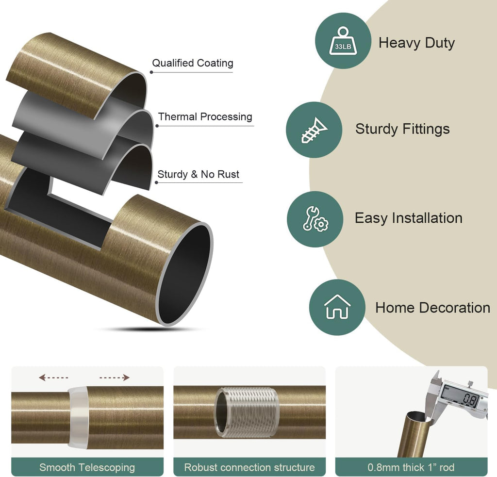 Antique Bronze Curtain Rods for Windows 72 to 144 Inches Adjustable Length Heavy Duty 1" Diameter Window Curtain Rod