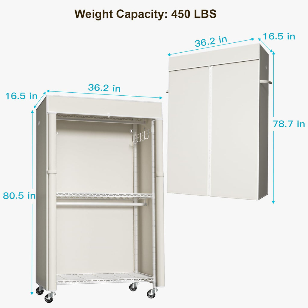 White Clothing Rack with Beige Cover, P1C Rolling Closets