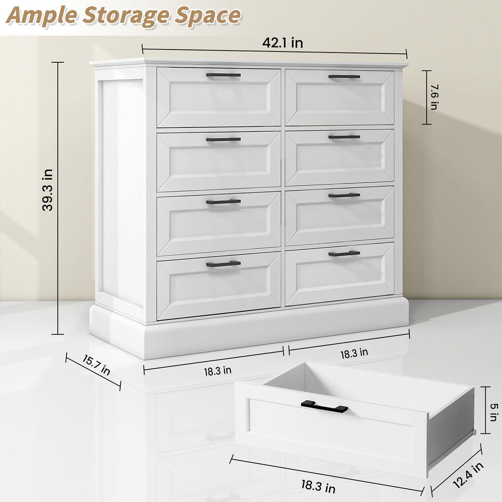White Dresser, Chest of Drawers, Large Modern Farmhouse Storage for Closet, 8 Drawers Dresser Storage Drawers, 39.3"
