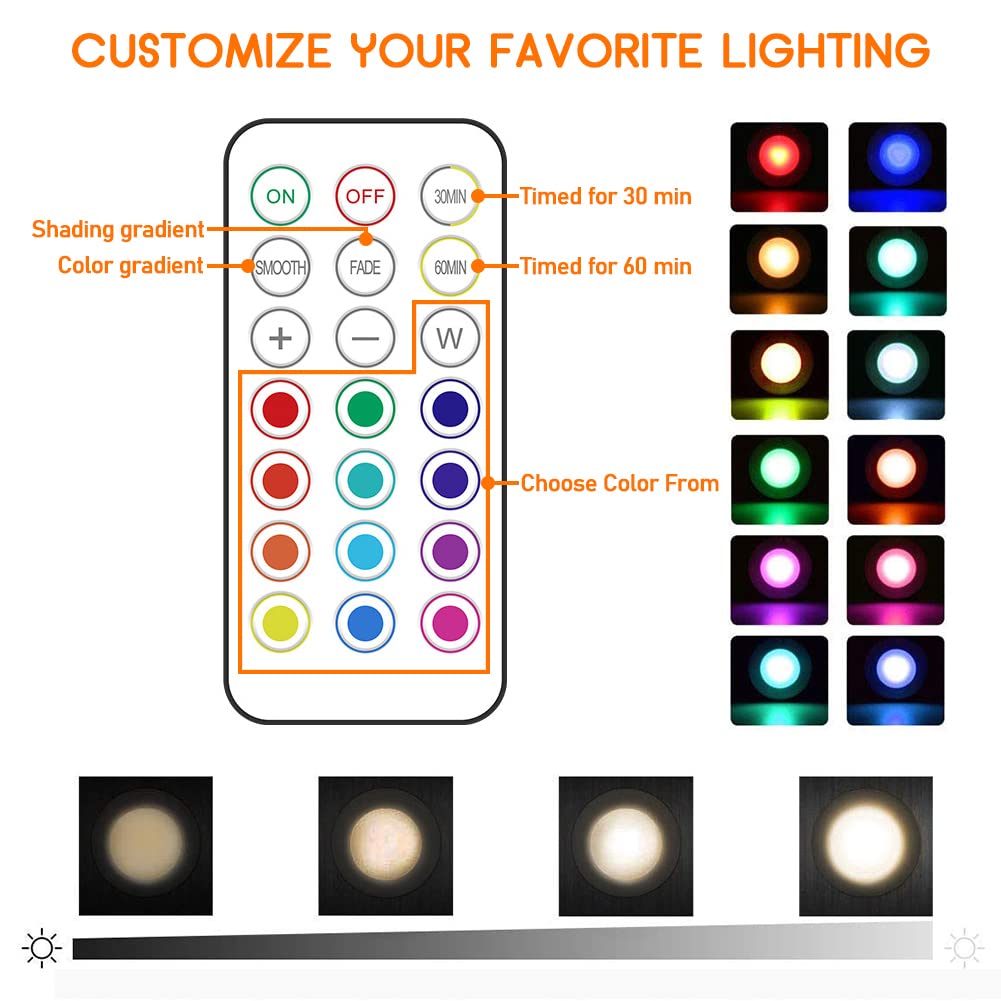 LED Puck Lights - 13 Color RGB, Wireless Remote Control, Battery Powered, Perfect for Under Cabinet & Counter