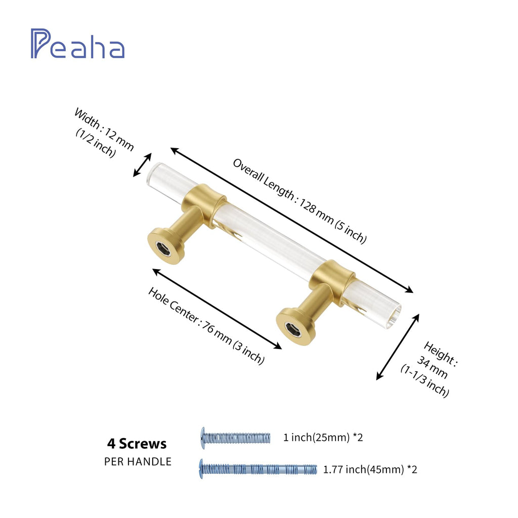 Acrylic Drawer Pulls, Kitchen Cabinet Handle 3 Inch 10 Pack, Gold Drawer Handles Brushed Brass Kitchen Hardware T Bar