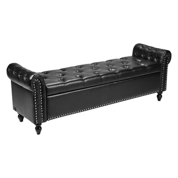Button-Tufted Storage Ottoman Bench, Rolled Arm PU Leather Bench with Solid Wood Legs, Modern Shoe Benches Seat