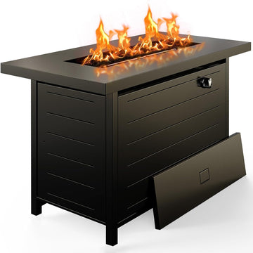 42-Inch Gas Fire Pit Table, 60,000 BTU Propane Fire Pit with Steel Lid & Lava Rock