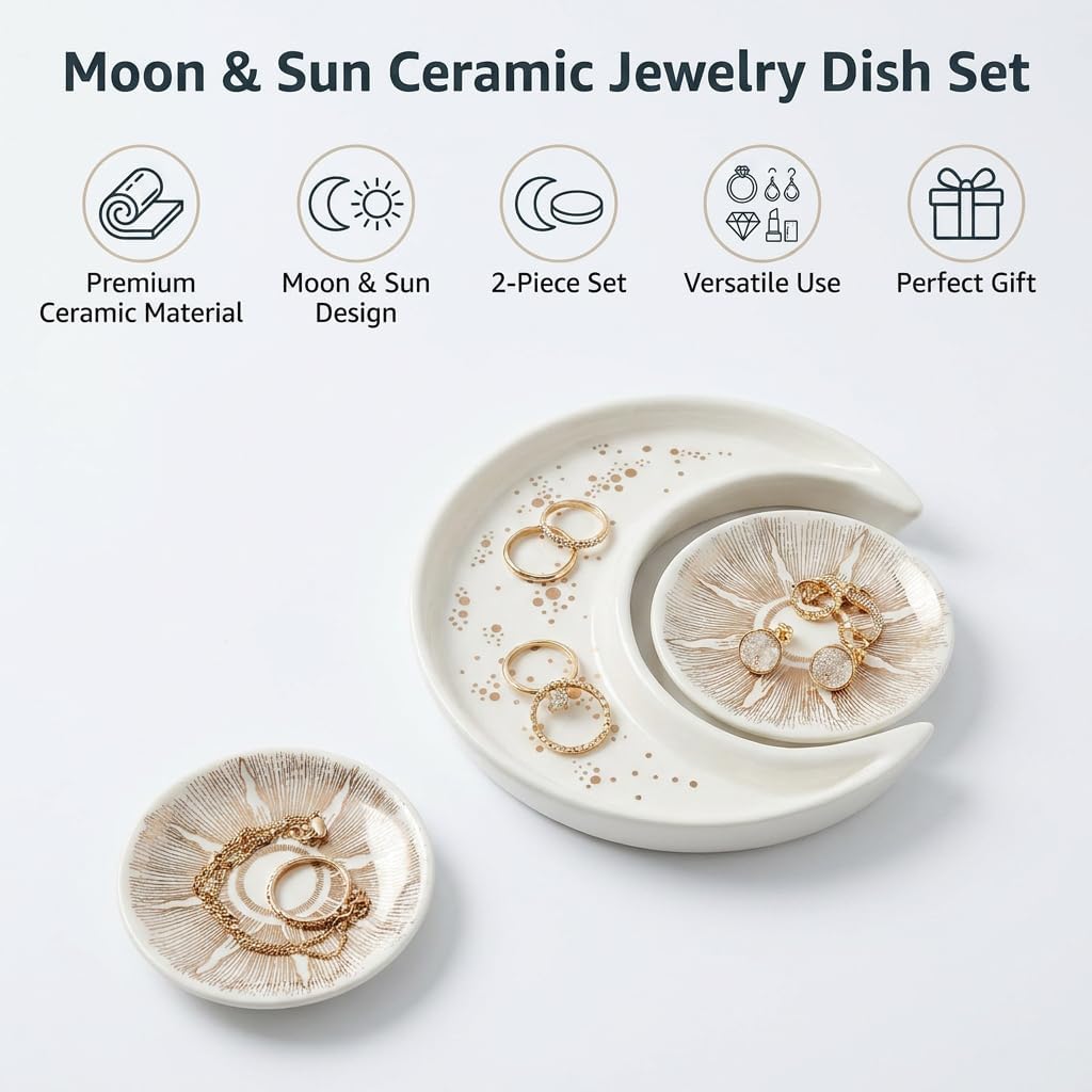 Ceramic Jewelry Dish Tray 2-Pack,Earrings Ring Holder,Small Trinket Plate - Set of 2