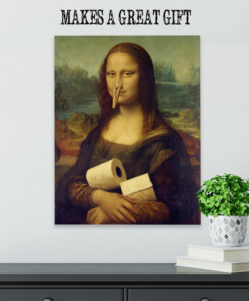 Mona Lisa Parody 16x20 Canvas Poster: Funny Art Print Featuring the Iconic Mona Lisa with a Clothespin on Her Nose