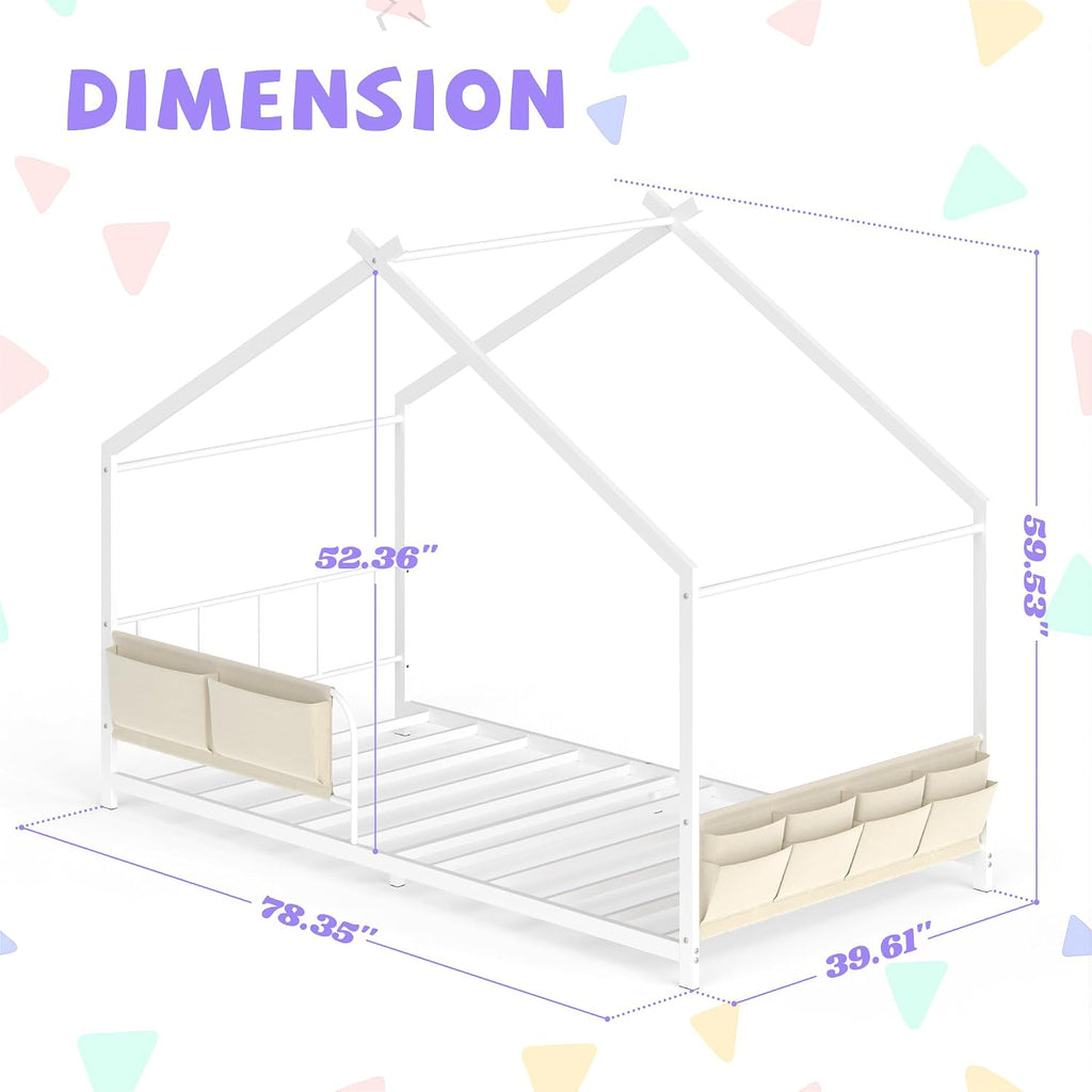 House Shape Twin Size Montessori House Bed Metal Floor Bed with Caddy | Twin Bedframe for Kids No Box Spring Needed