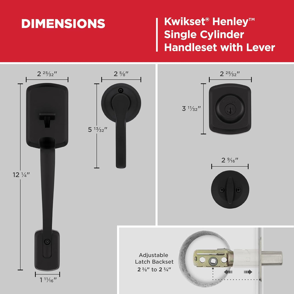 Henley Front Door Lock Handle and Deadbolt Set, Entry Handleset Exterior with Interior Reversible Lever, Matte Black - Door Handleset