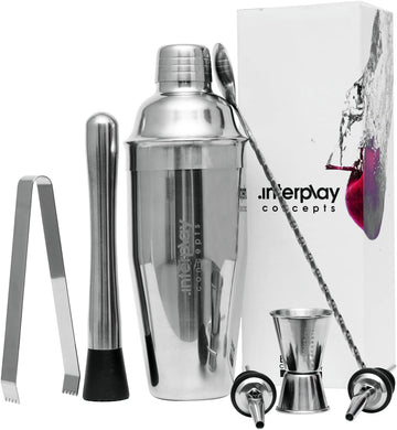 Cocktail Shaker Set, Stainless Steel Barware-Tool, Includes Jigger, Bar Spoon, Bottle Pourers, Tong, Strainer - Set of 8