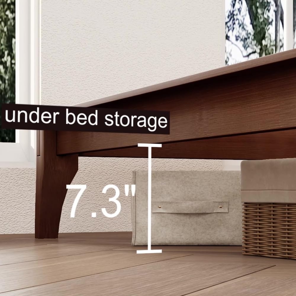 King Size Japanese Mid-Century Walnut Bamboo Wooden Bed Frame