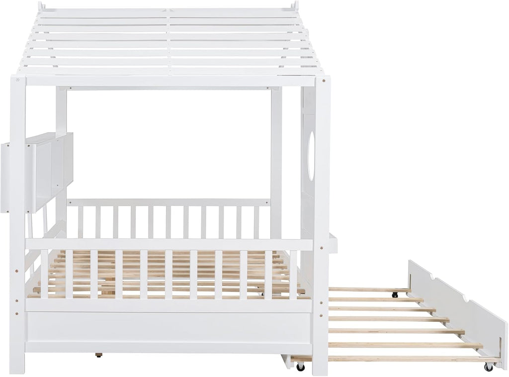 Full Size Daybed with Trundle and Bookshelf, No Box Spring Needed, White | House Bed with Roof and Round Window for