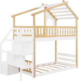 Wood Twin House Bunk Bed with Stairs, Kids Twin Bed Frame with Window and Roof