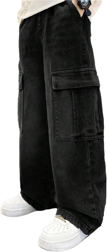 Boys Jeans Baggy Straight Leg Denim Cargo Pants with Pockets