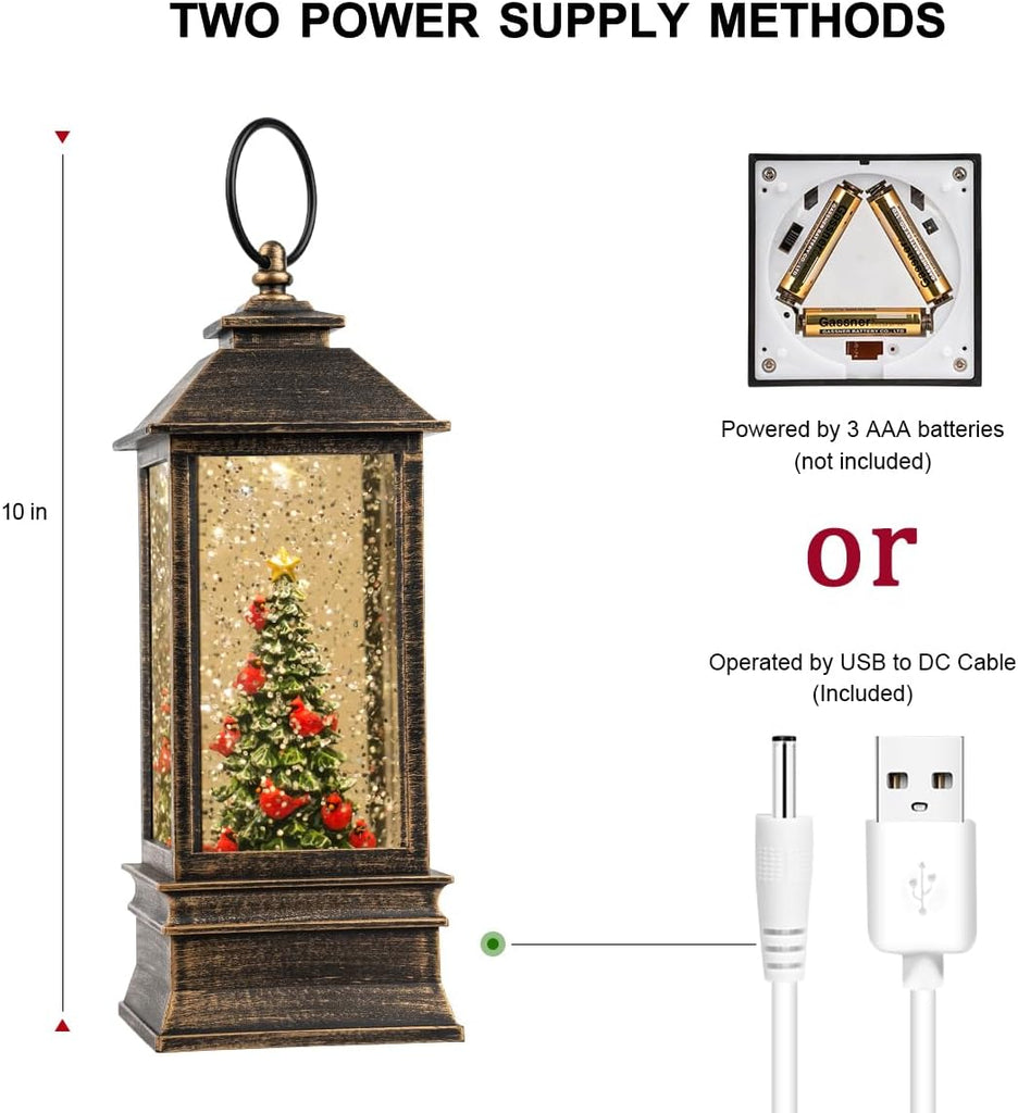 Christmas Snow Globe Lantern Water Glittering Christmas Tree with Music, USB Lined/Battery Operated Lighted Lantern