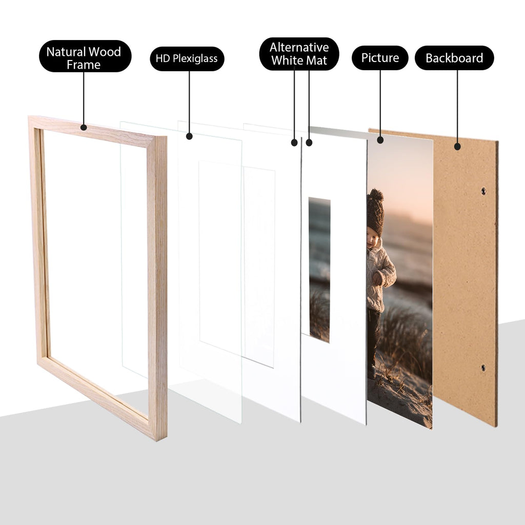 5x7 Picture Frame Natural, Solid Wood Frames with Acrylic Plexiglass for Pictures 3.5x5/4x6 with Mat or 5x7 without
