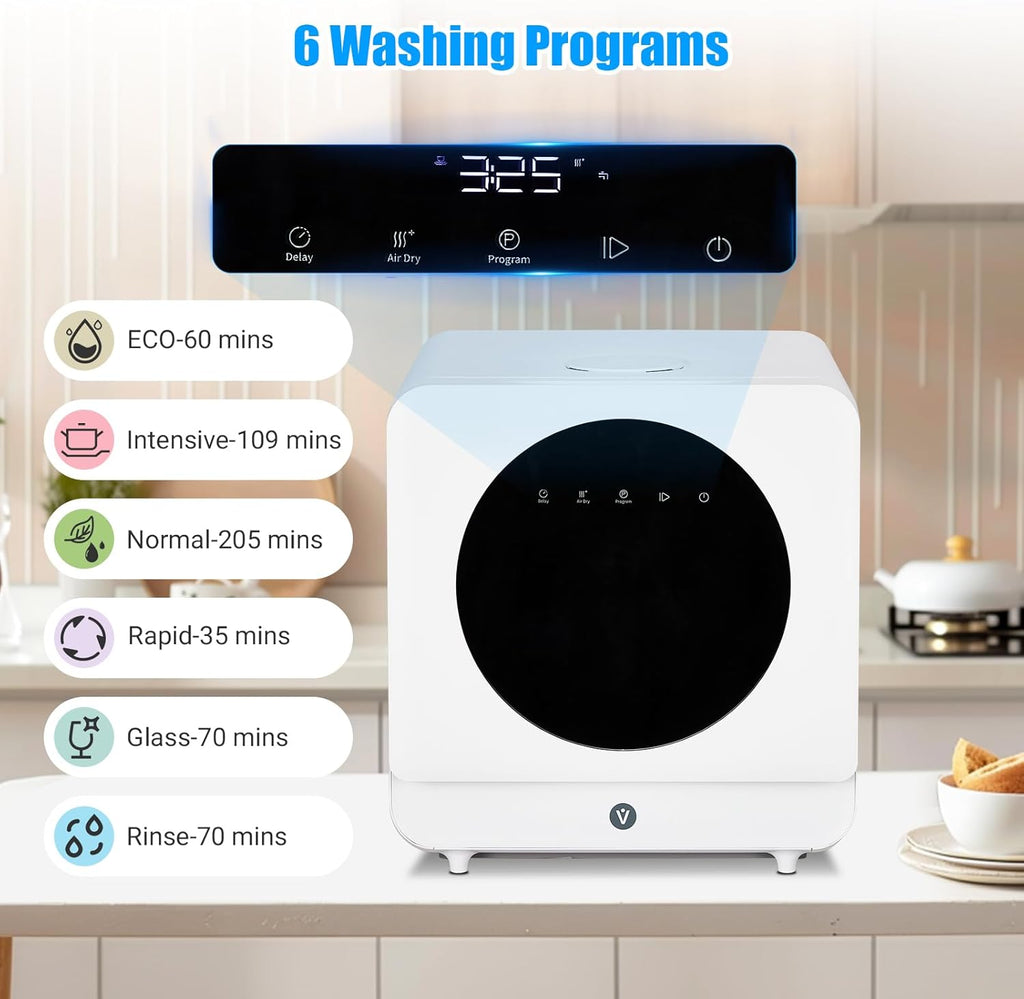 Portable Countertop Dishwasher with 5L Built-in Water Tank, Dishwasher 6 Washing Programs, Glass Door Dishwasher