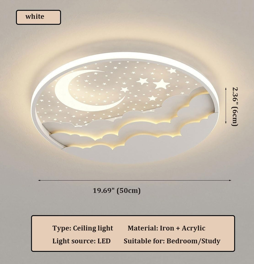 Modern Kids Room LED Ceiling Light Fixture, Dimmable 3 Color Changing Moon Star Clouds Design, Flush Mount Round Pink