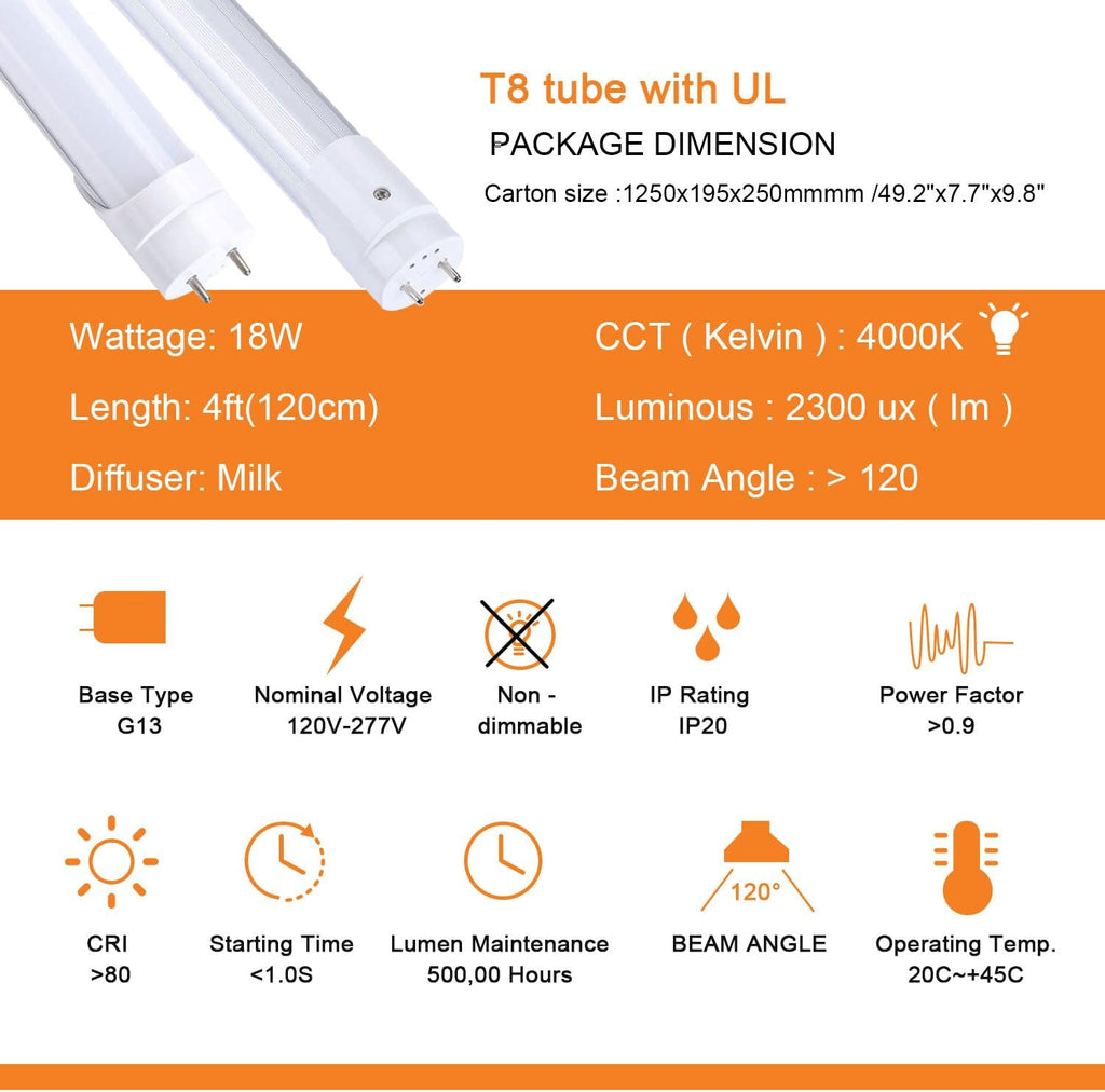 T8 LED 4FT Type A+B Light Bulbs 18W, 2300LM, G13 Base,Plug and Play or Ballast Bypass,T8 T10 T12 Fluorescent