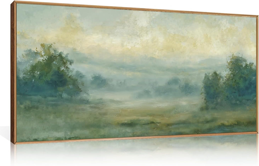 Green Abstract Minimalist Framed Canvas Wall Art,Neutral Landscape Horizontal Wall Decor,Watercolor Forest Mountain