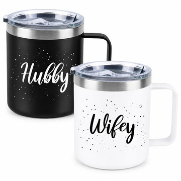 Hubby Wifey Mugs Set, Couple Coffee Mugs-Insulated Coffee Mug with Handle, 14oz Tumbler Set 2 Pack, Wedding Gifts for