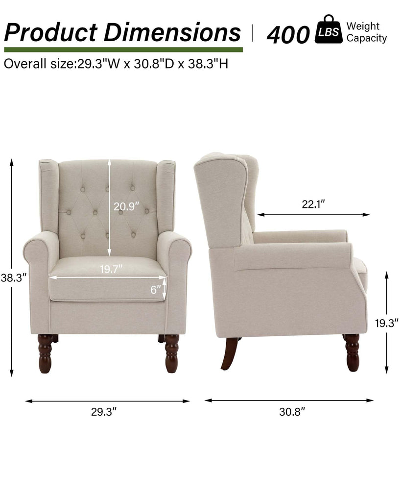 Chenille Wingback Accent Chair, Tufted High Back Armchair, Beige