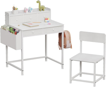 Kids Desk and Chair Set with 5 Fabrics Drawers, Ages 5-8, White