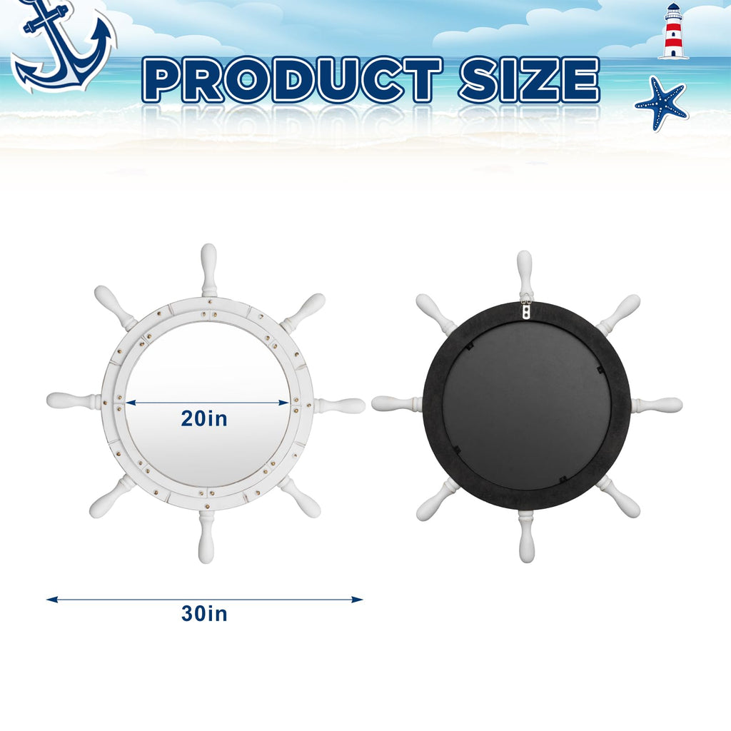 Nautical Ship Wheel Mirror Wall Mounted, White Handle, 30 Inch