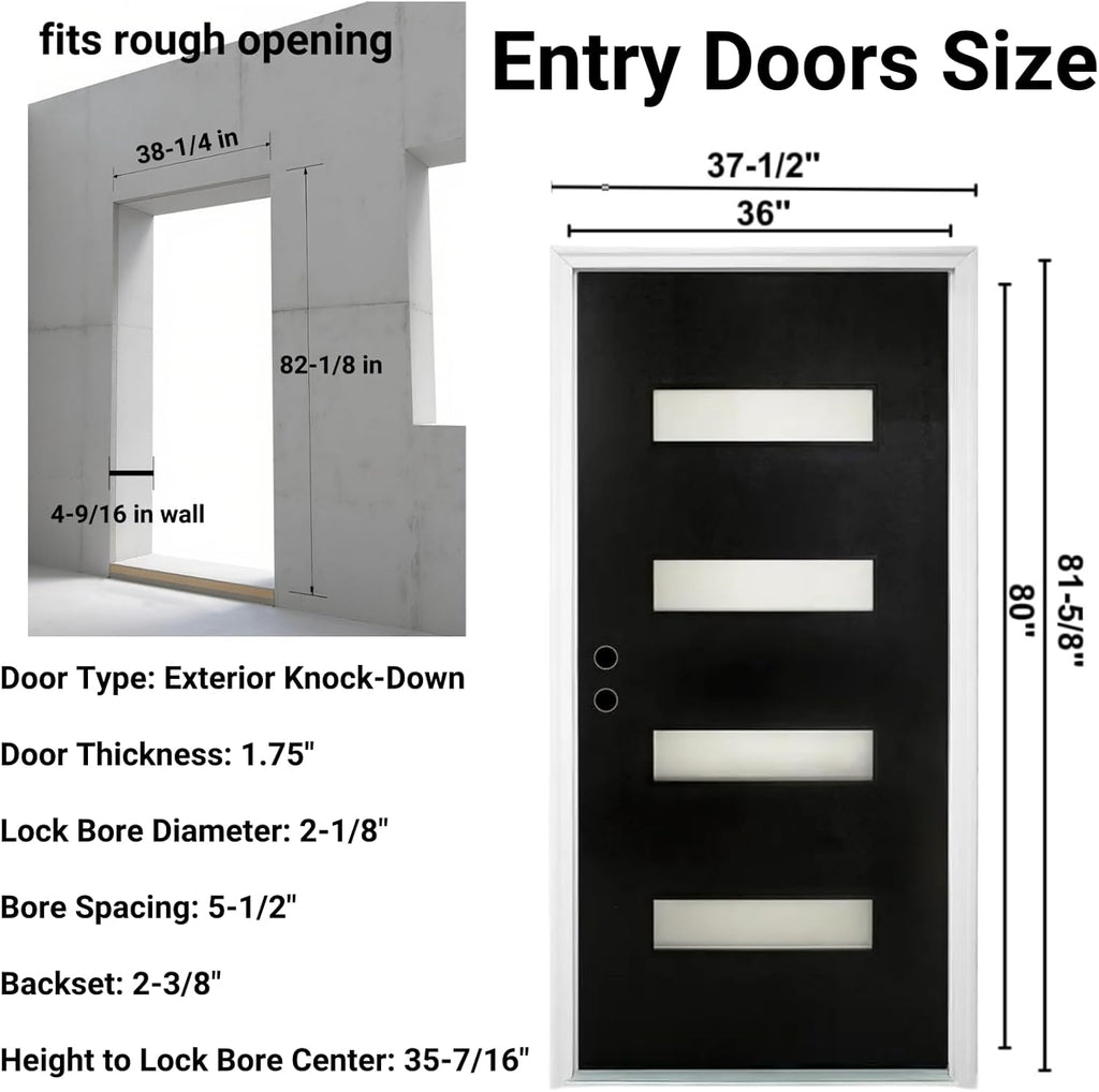 Fiberglass Entry Door Right Hand Inswing, 36 x 80, 4 Lite Frosted Glass 4-9/16 in. Vinyl Frame, Contemporary Style for Home's Front Entrance, Black Finished Knock-Down Entry Door
