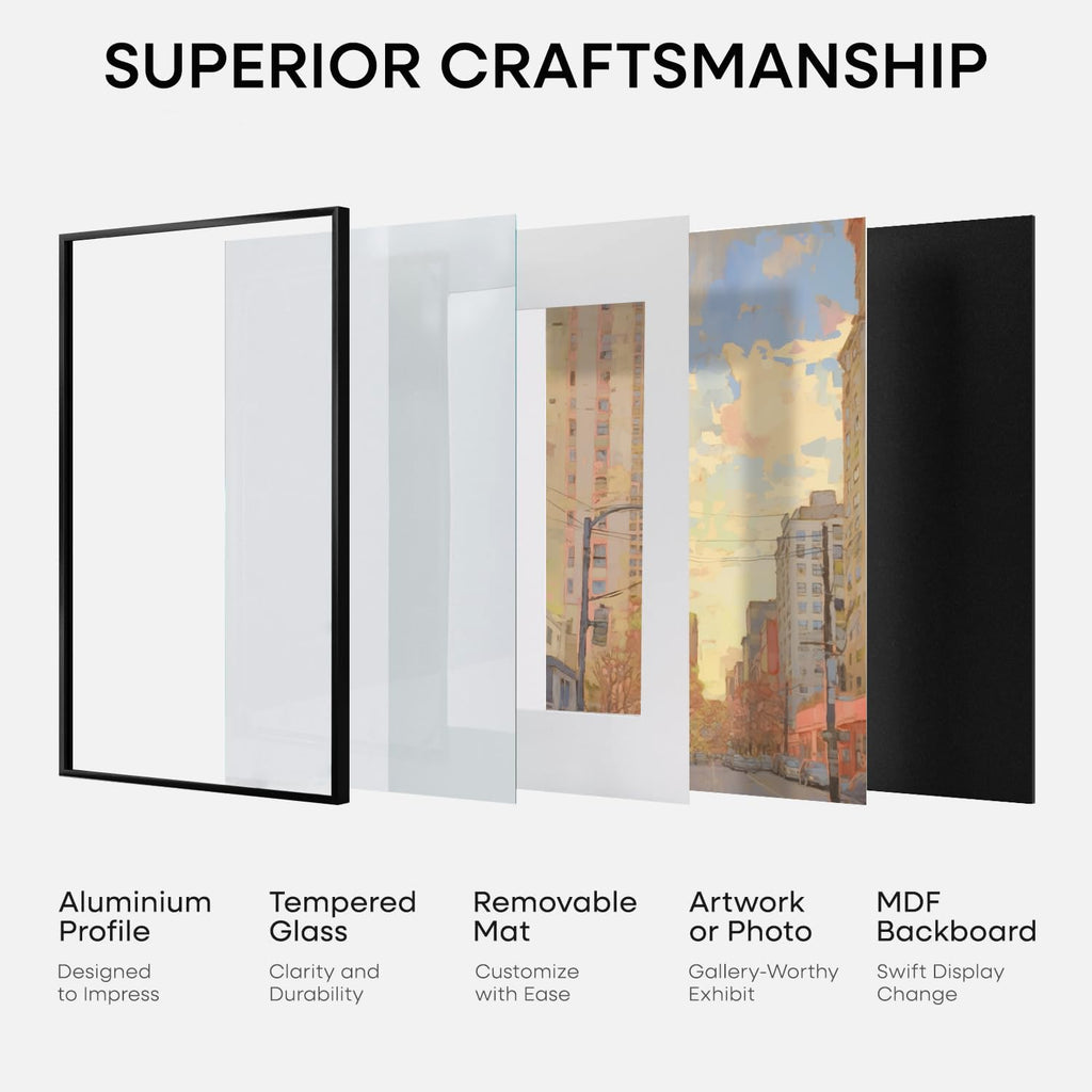 11x14 Black Picture Frame, High-End Metal, 8x10 Mat, Glass