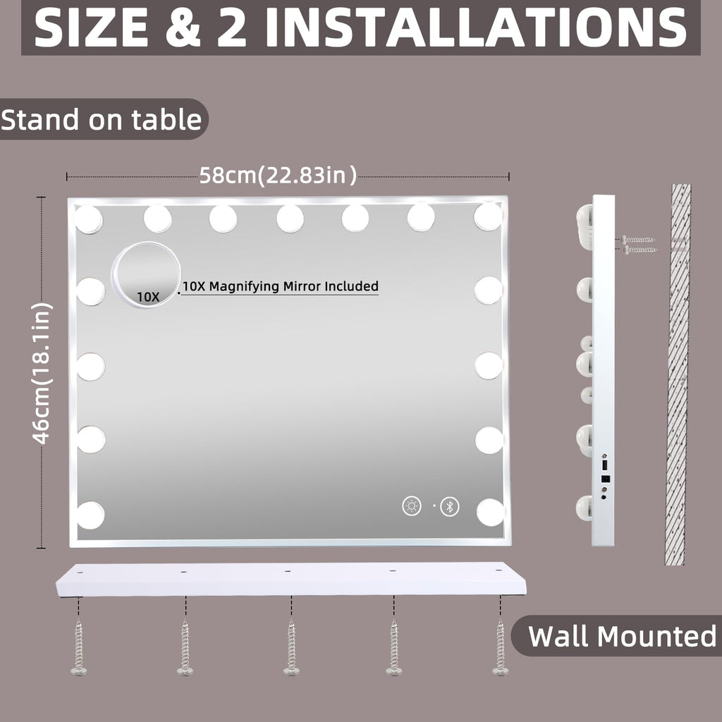 Vanity Mirror with Lights and Bluetooth Speaker 22.8''x18.4'' Lighted Makeup Mirror with 15 LED Bulbs Hollywood
