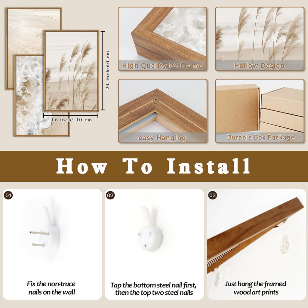 Large Beach Wave Pampas Grass Framed Canvas Wall Art Set-16"x24"x3
