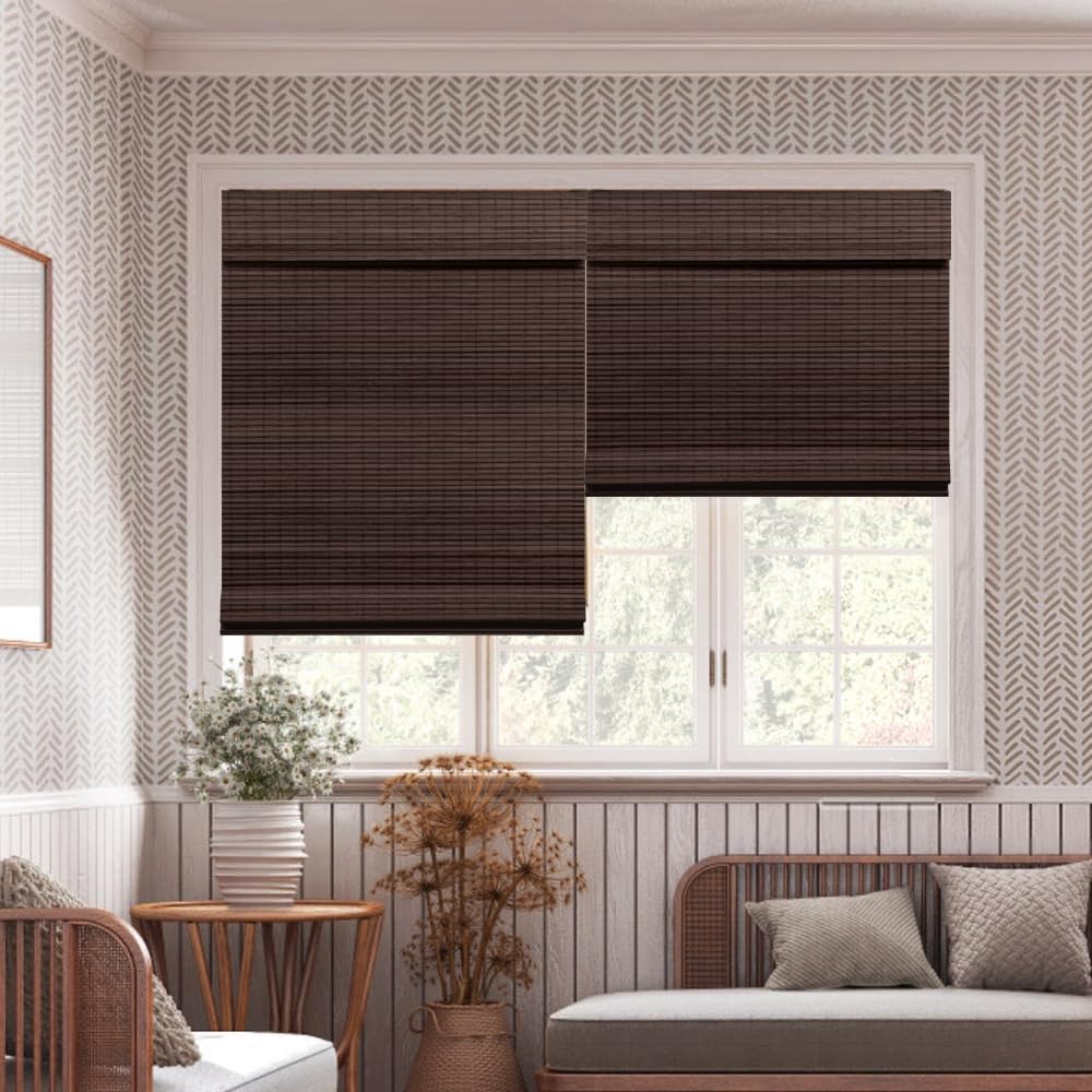 Cordless Bamboo Roman Blinds Shades for Indoor Windows-Blackout Room Darkening Roman Blinds with 6" Valance Cover