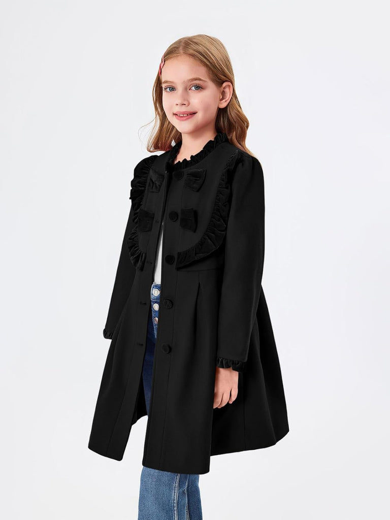 Girls Dress Coat Kids Ruffle Button Down Cute Bow Long Winter Jackets with Pockets