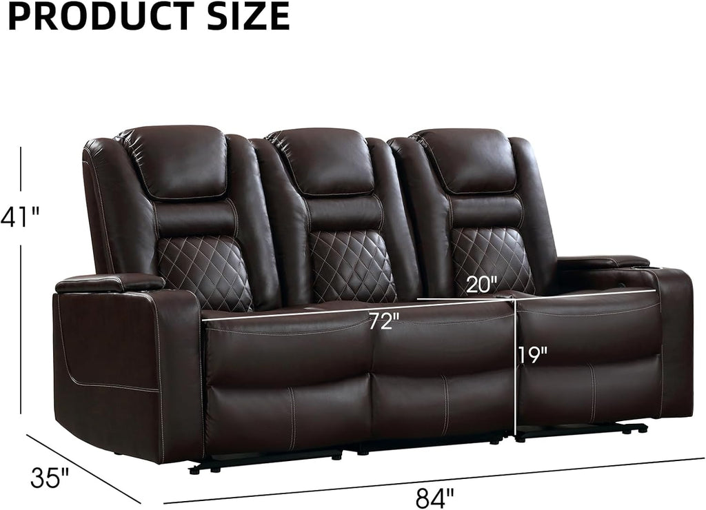 Home Theater Seats, Faux Leather Movie 3 Seat Recliner Sofa with Hidden Arm Storage
