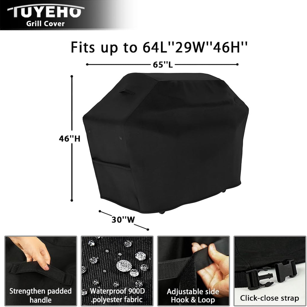 Grill Cover 65 x 30 x 46 inch, 900D Heavy Duty Gas BBQ Cover w/Side Fasteners Straps, Waterproof & Weather Resistant