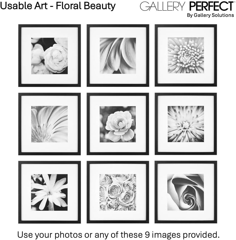 12x12 Picture Frames, 9 Piece Set with Real Glass Cover for 8x8 Photos With Mat, Picture Frames Collage Wall Decor