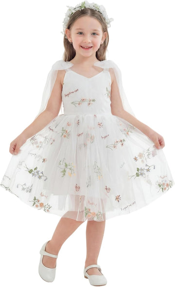 Flower Girl Dress Floral Embroidered Toddler Girls Dresses Fairy Tulle Dress for Wedding Birthday Party Photo Shoot